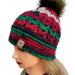 Handmade Crochet Winter Hat withFaux Fur Pom Pom